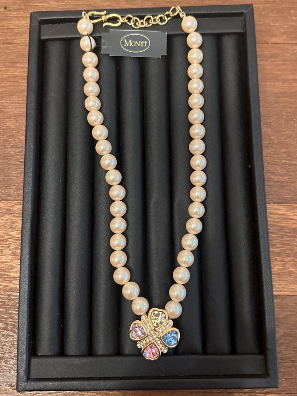 Monet Faux Pearl Necklace 15” Gold Tone Multicolor Rhinestone Clover Pendant
